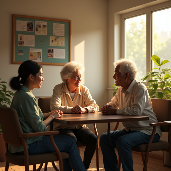 Three people sit at a wooden table, smiling and engaged in conversation within a sunlit room.