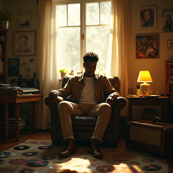 A young man sits in a leather armchair, bathed in warm light from a large window.