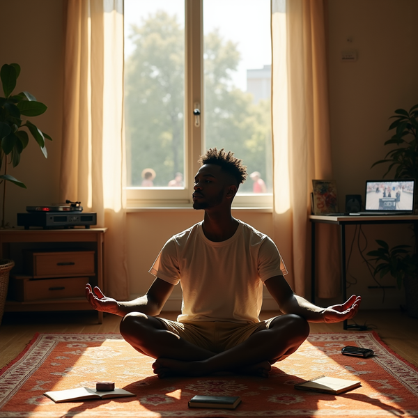 A man meditates cross-legged on a rug, sunlight streaming through a large window behind him.