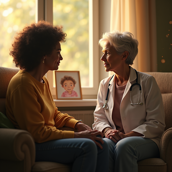 Two women sit on a couch, holding hands, with a framed portrait visible on the wall behind them.