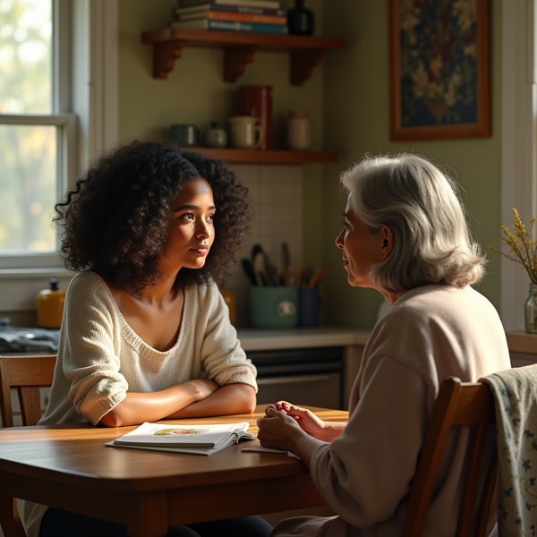 Two women sit at a wooden table, engaged in conversation within a warmly lit kitchen.