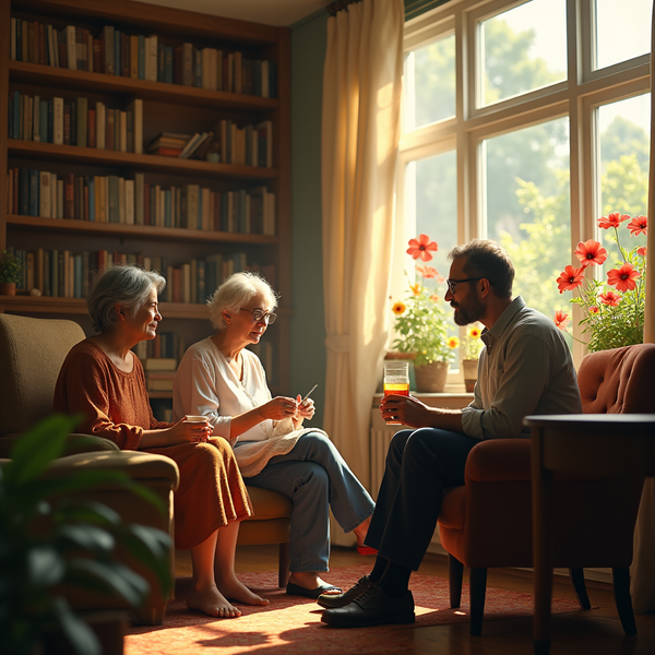 Three older adults converse in a sunlit room with bookshelves and potted plants.
