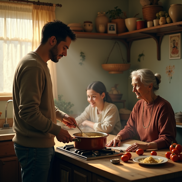 A young man cooks on a stovetop while an older woman and a young woman watch in a warmly lit kitchen.
