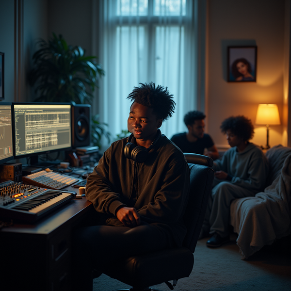 A young man sits at a music production desk, while two others relax nearby in a dimly lit room.