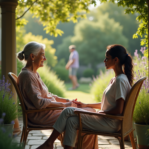 Two women sit and hold hands on a patio, a blurred man in the garden background.