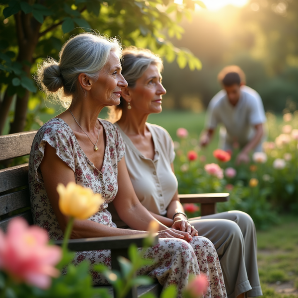 Two older women with gray hair sit on a bench, holding hands, while a young person tends a garden in the background.