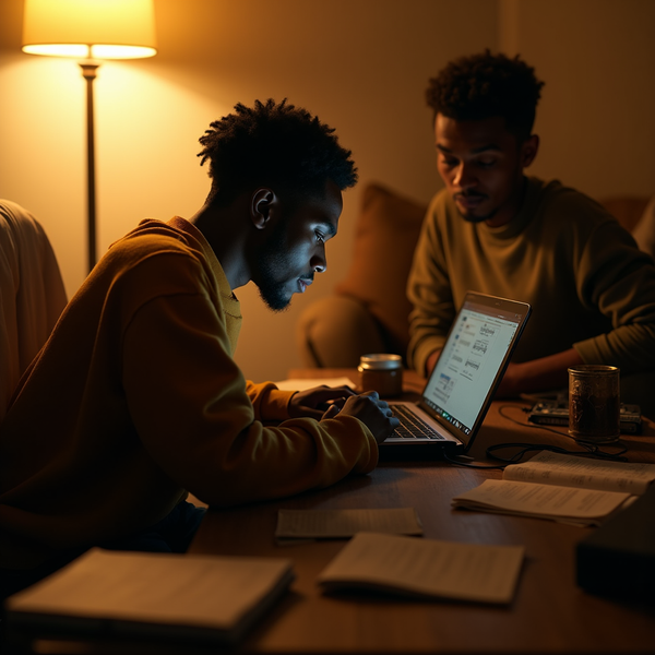 Two men sit at a table, one using a laptop while the other looks on in a dimly lit room.