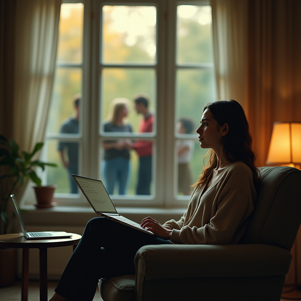 A woman sits in an armchair using a laptop, looking out a large window at blurred figures.