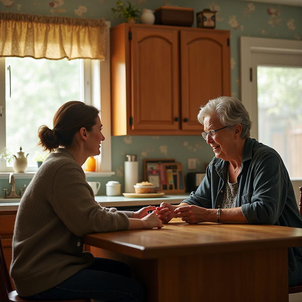 Two women with intertwined hands sit at a wooden table in a sunlit kitchen.