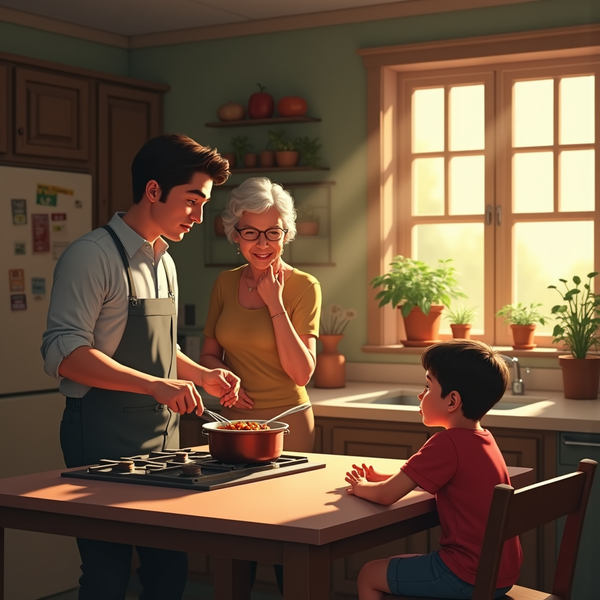 A young man and elderly woman cook with a child at a kitchen stove bathed in warm sunlight.
