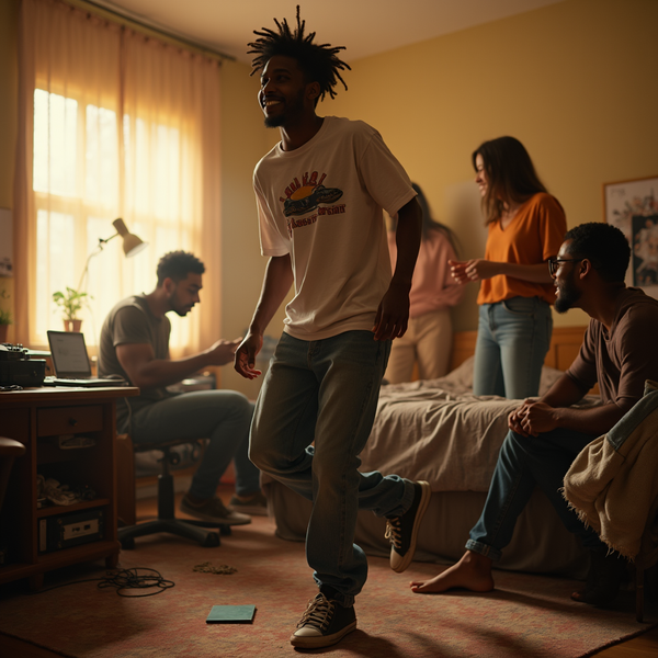 A man with dreadlocks dances in a warmly lit dorm room, while others study and chat nearby.