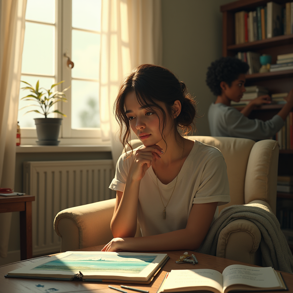 A young woman with dark hair sits thoughtfully near a window with a view of a landscape painting.