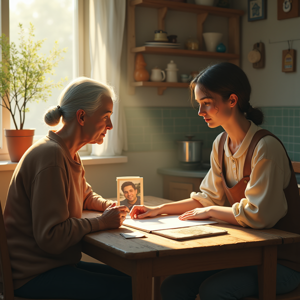 An elderly woman and a young woman sit across from each other at a wooden table, gazing at a framed photo.