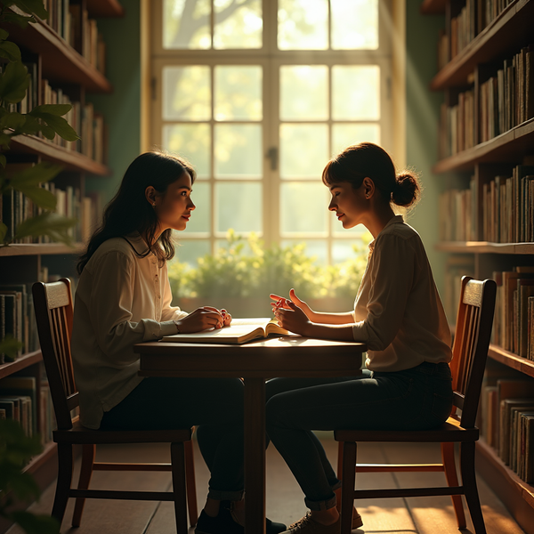 Two women with long dark hair sit facing each other at a table in a library, bathed in warm sunlight.