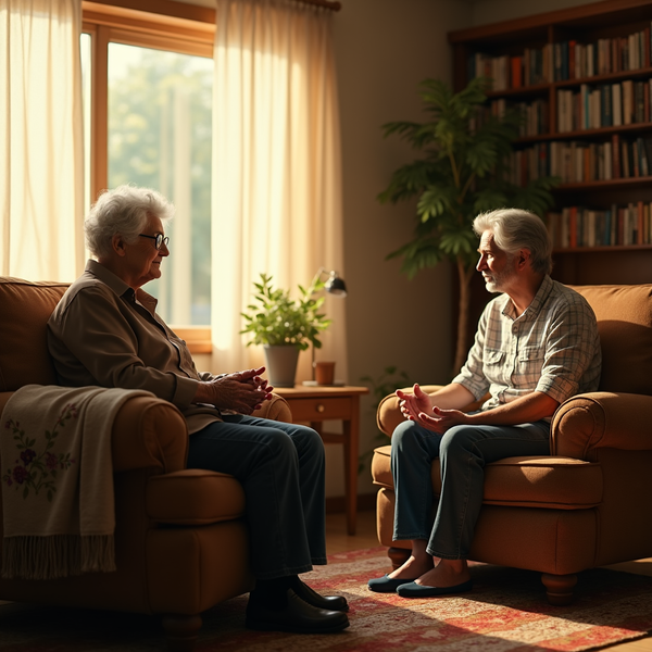 Two older adults sit facing each other on brown armchairs in a sunlit living room.