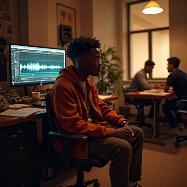 A young man in an orange jacket sits at a desk with audio editing software on his monitor.
