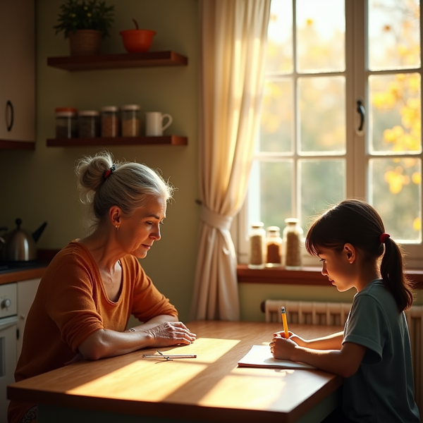 An elderly woman and a young girl sit at a wooden table, focused on writing.