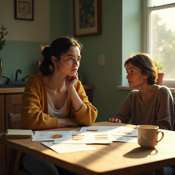 Two women sit at a table with recipe cards, one appearing concerned while the other looks on.
