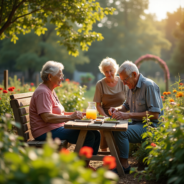 Three older adults sit at a wooden table in a sunny garden, preparing a salad.