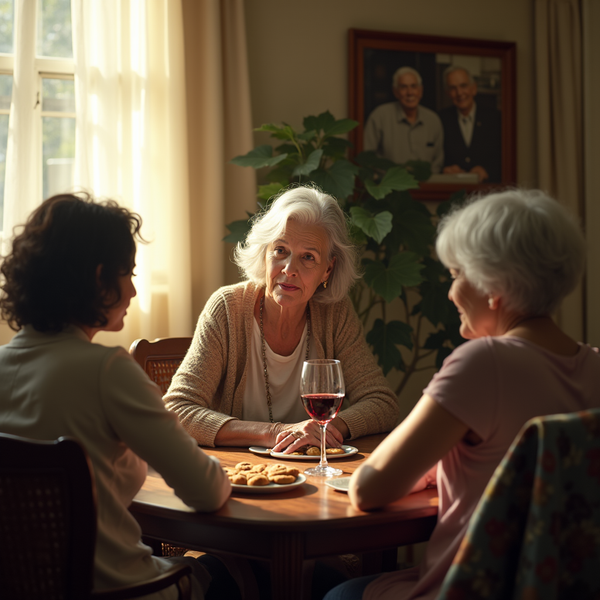 Three women sit around a table with wine and biscuits in a warmly lit room, a framed portrait visible behind them.