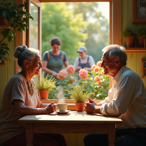 An elderly couple smiles across a small table in a sunlit room, with gardeners visible outside the window.