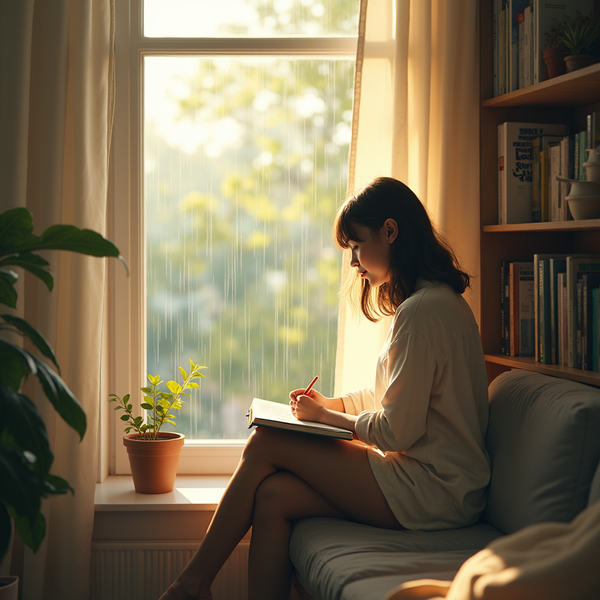 A young woman with dark hair sits writing in a notebook near a rain-streaked window.