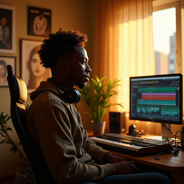A man with headphones sits at a desk, composing music on a keyboard and computer.