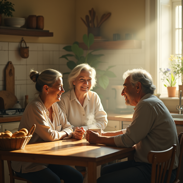 Three smiling older adults sit at a wooden table in a bright, warm kitchen.