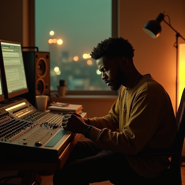 A person sits at a mixing console in a music studio with city lights visible through a window.
