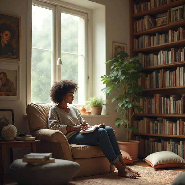 A woman with an afro sits in an armchair reading a book near a window and bookshelves.