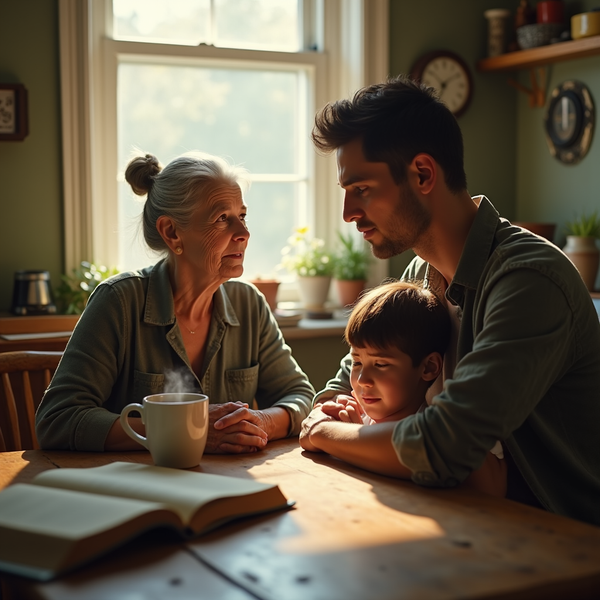 An elderly woman, a man, and a young boy sit at a wooden table bathed in warm sunlight.