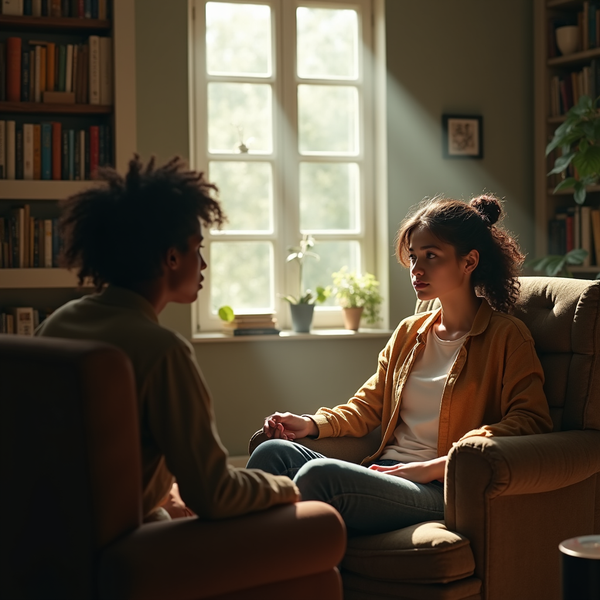 Two women sit facing each other in armchairs, bathed in warm light from a nearby window.