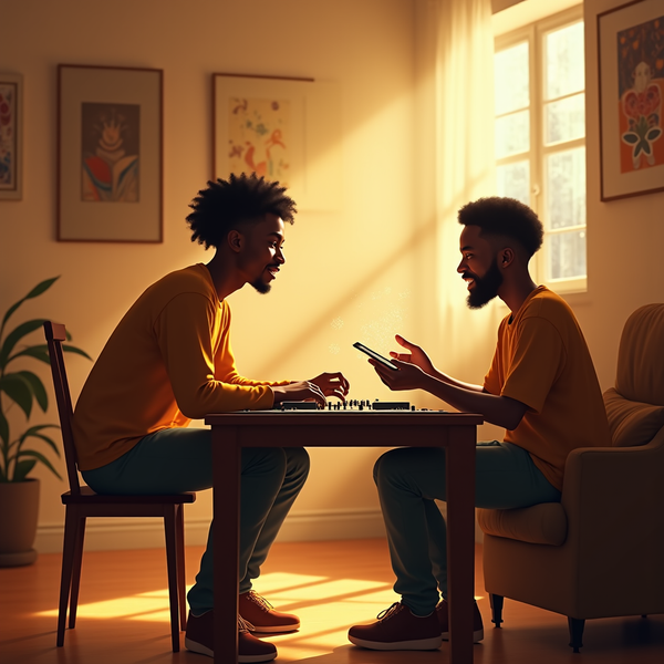 Two men play chess at a table, bathed in warm sunlight from a nearby window.