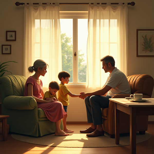 A family of four sits together in a warmly lit living room, hands clasped in prayer near a window.