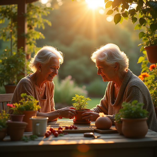 Two elderly women smile while examining a small plant on a wooden table surrounded by potted flowers and produce.