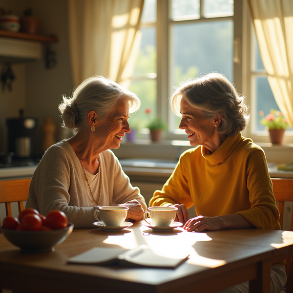 Two women with short, gray hair laugh and chat across a table with coffee cups in a sunlit kitchen.