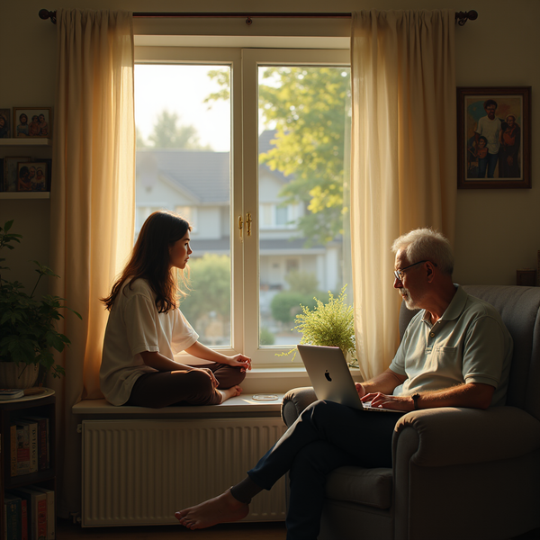 A young woman and elderly man sit facing each other, bathed in warm light from a nearby window.