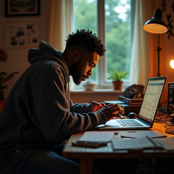 A young man with textured hair uses a laptop at a wooden desk near a window.
