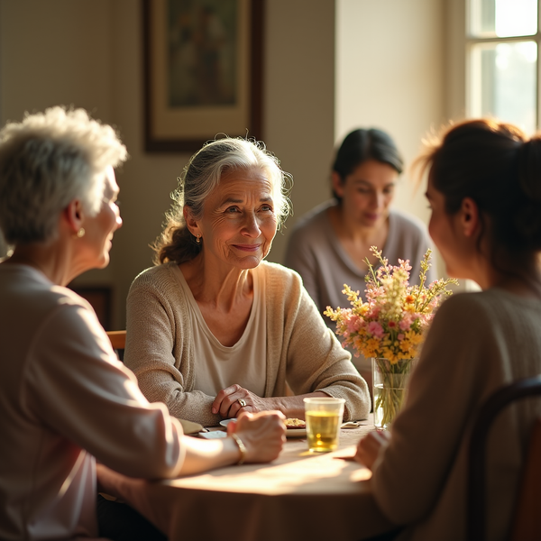 Four women sit at a table, bathed in warm light, engaged in conversation.