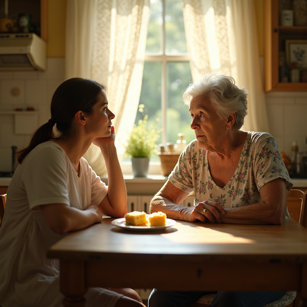 An elderly woman and young woman sit at a wooden table, sharing a piece of cake in a sunlit kitchen.