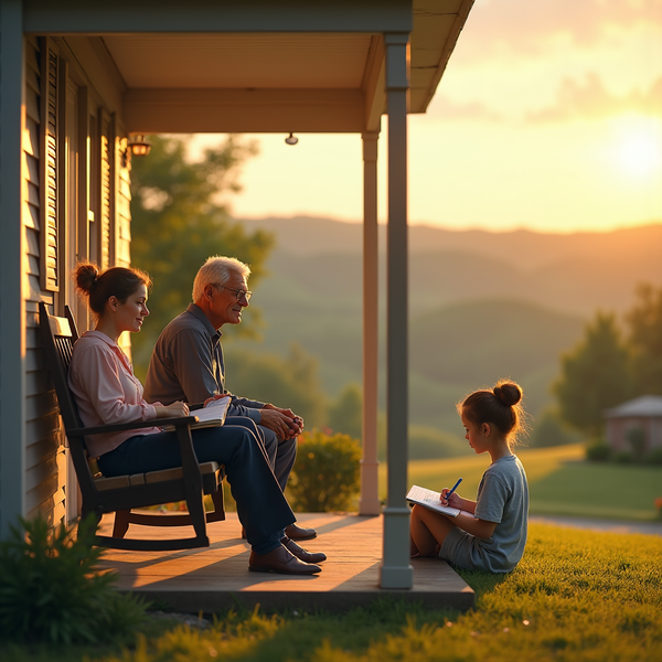 A multigenerational family relaxes on a porch during a golden sunset, with a young girl writing in a notebook.