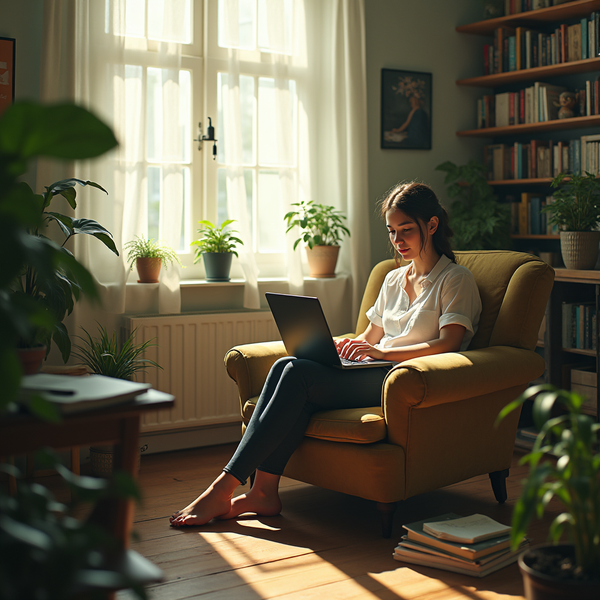A young woman sits on a mustard armchair using a laptop in a sunlit room filled with plants and bookshelves.