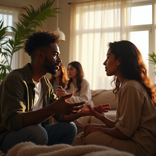 Two people sit facing each other in conversation, while others linger in the background of a sunlit room.