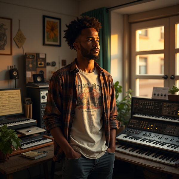A young man stands in a home music studio, gazing out a window bathed in warm light.