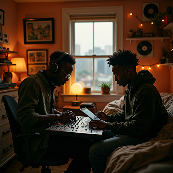 Two young men are intently working on music production equipment in a warmly lit bedroom.