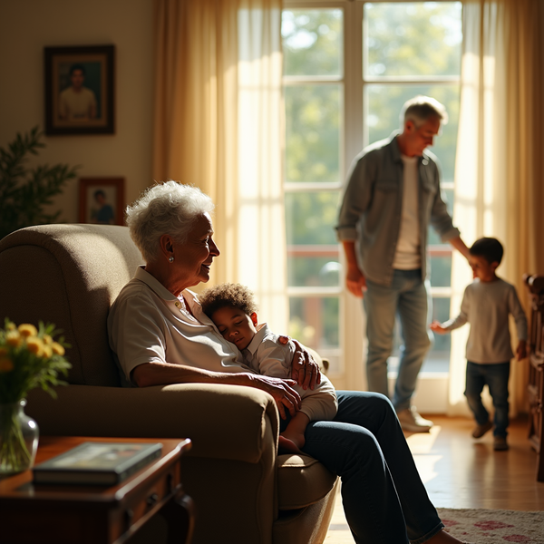 An elderly woman holds a sleeping child on a couch, while a man and young boy are in the background.