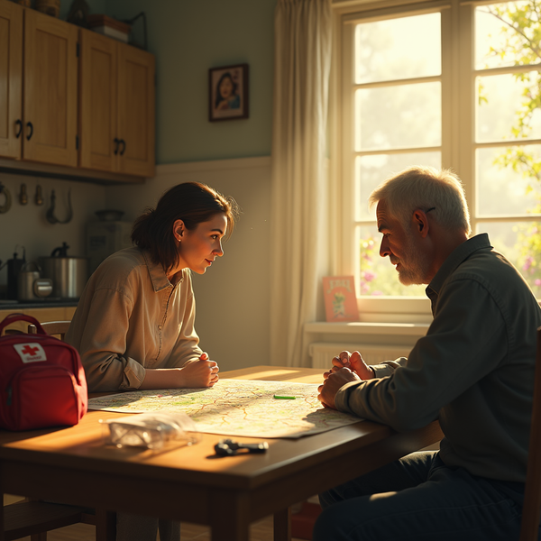 Two people sit at a wooden table covered in a map, bathed in warm sunlight from a nearby window.