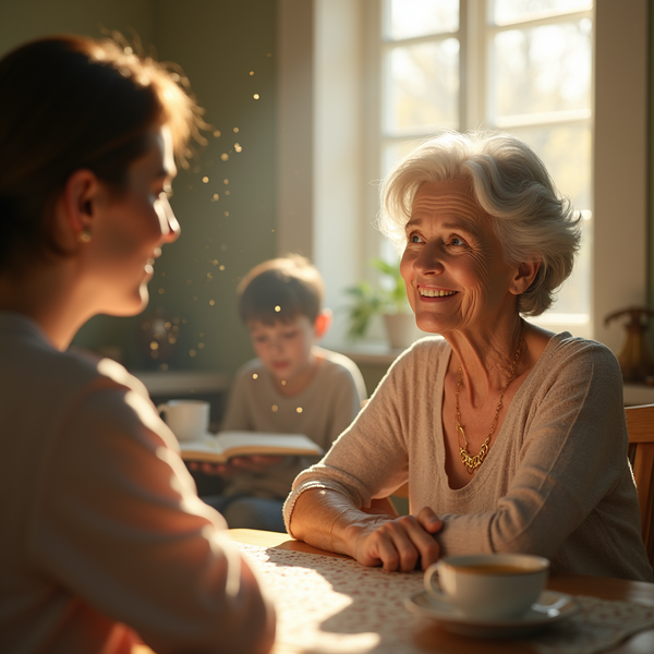 Three people sit at a table, enjoying warm light filtering through a nearby window.