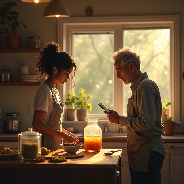 A young woman and older man, both wearing aprons, work in a sunlit kitchen, one using a smartphone.