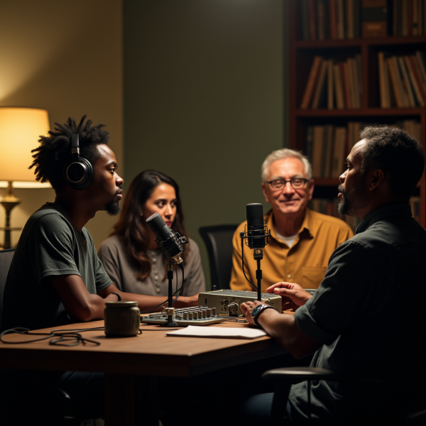 Four people sit around a table recording a podcast, with microphones and audio equipment visible.